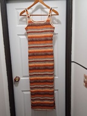 Sleeveless Striped Knit Maxi Dress in Orange and Brown